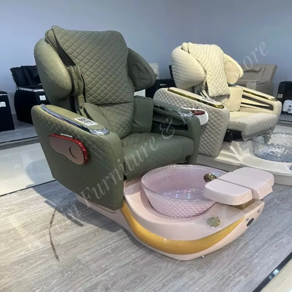 Luxury Electric Pedicure Spa Chair, Quilted PU Foot Spa Chair with Transparent Basin for High-end Nail Salon