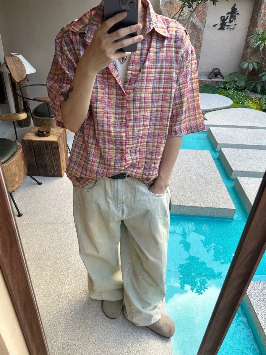 

American Sle Fre Color Blo Plaid ort Sve Свободная повседневная пляжная пара irt Мужская летняя легкая блузка f Sve