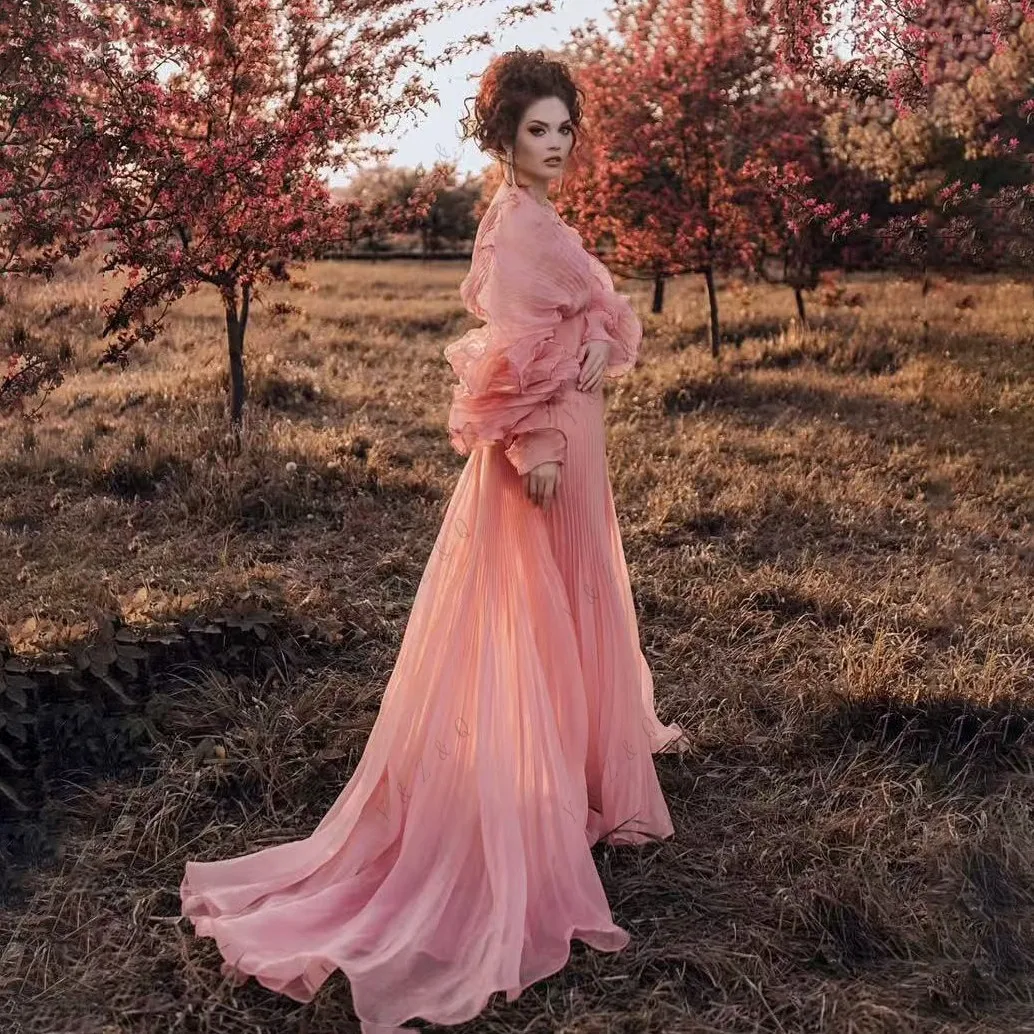 Vestidos de baile flare uma linha em camadas vestido grávida com mangas trem babados rosa longo matermity vestidos elegância