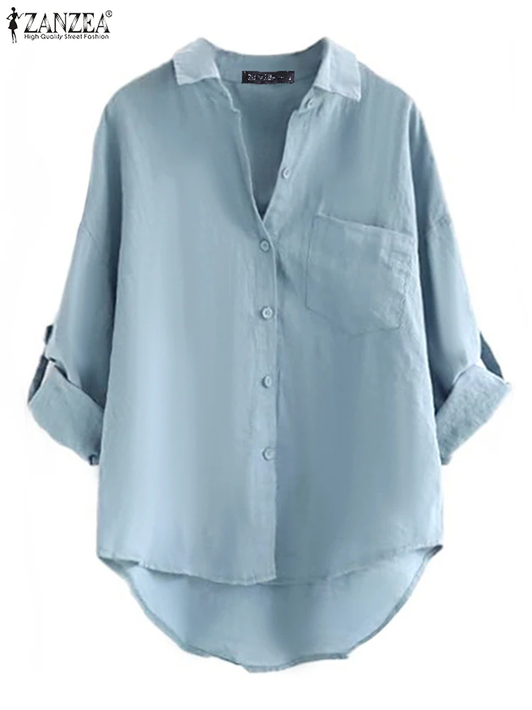

Women Blouse ZANZEA Elegant OL Shirts Fashion 2025 Autumn 3/4 Sleeve Lapel Casual Solid Tops Tunic Loose Pockets Office Blusas