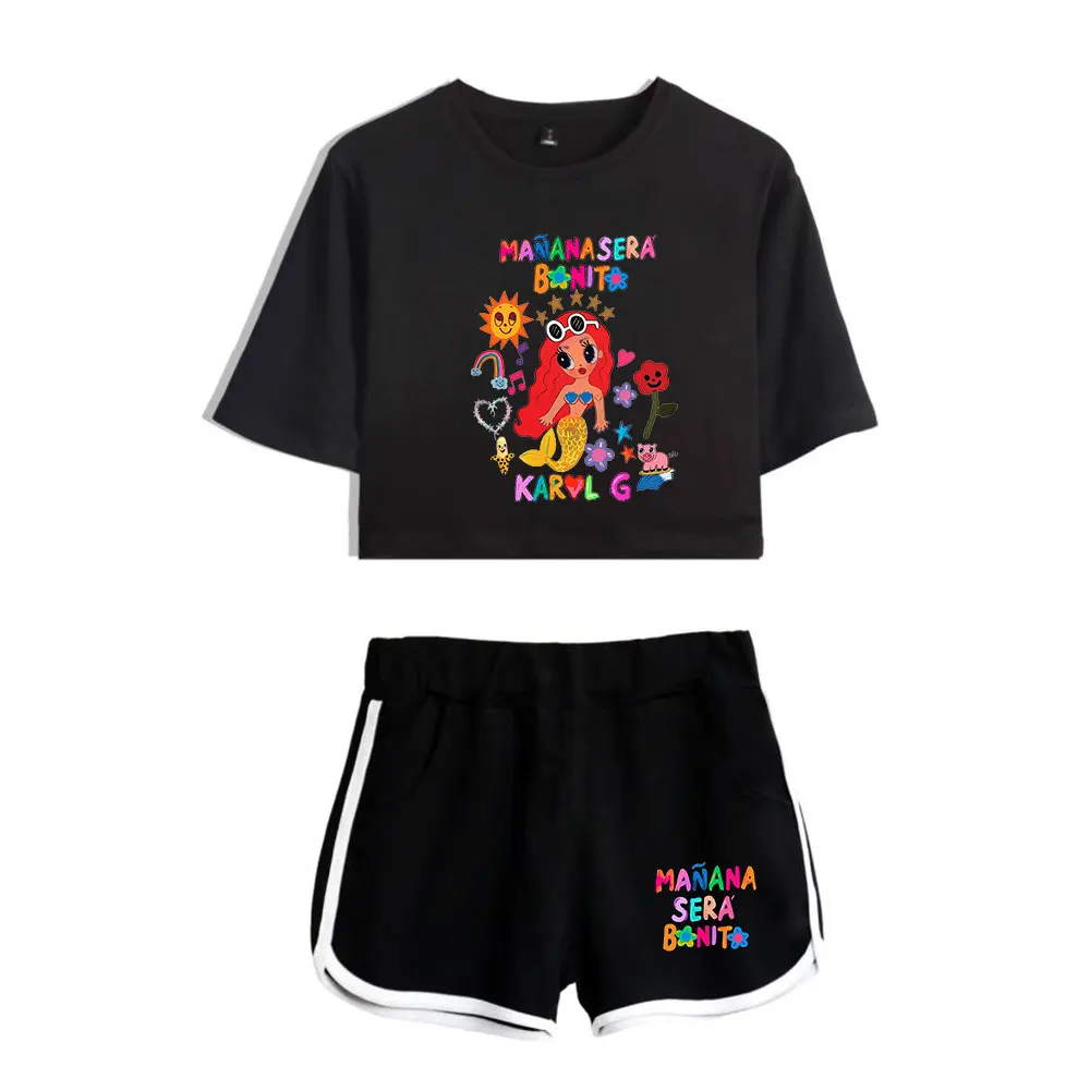 Karol G Manana Sera Bonito Tops com logotipo vintage para mulheres, conjunto de duas peças, shorts e camiseta, streetwear para menina