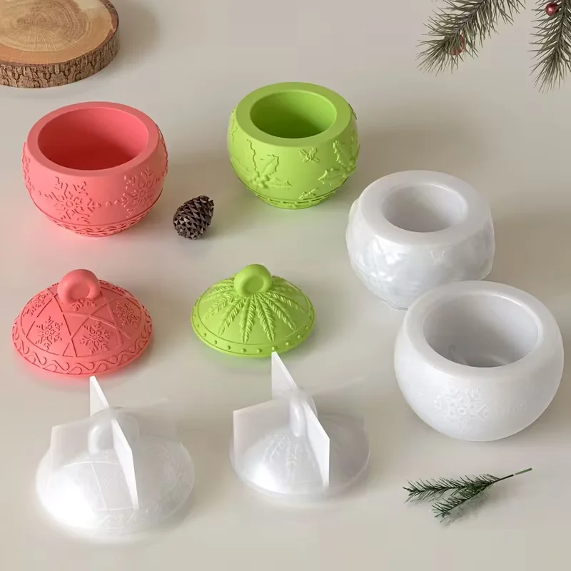 

Многоразовая силиконовая форма для смолы/пластера/цемента - форма для рождественской банки для свечей с крышкой и ящиком для хранения снежинок, круглая DIY