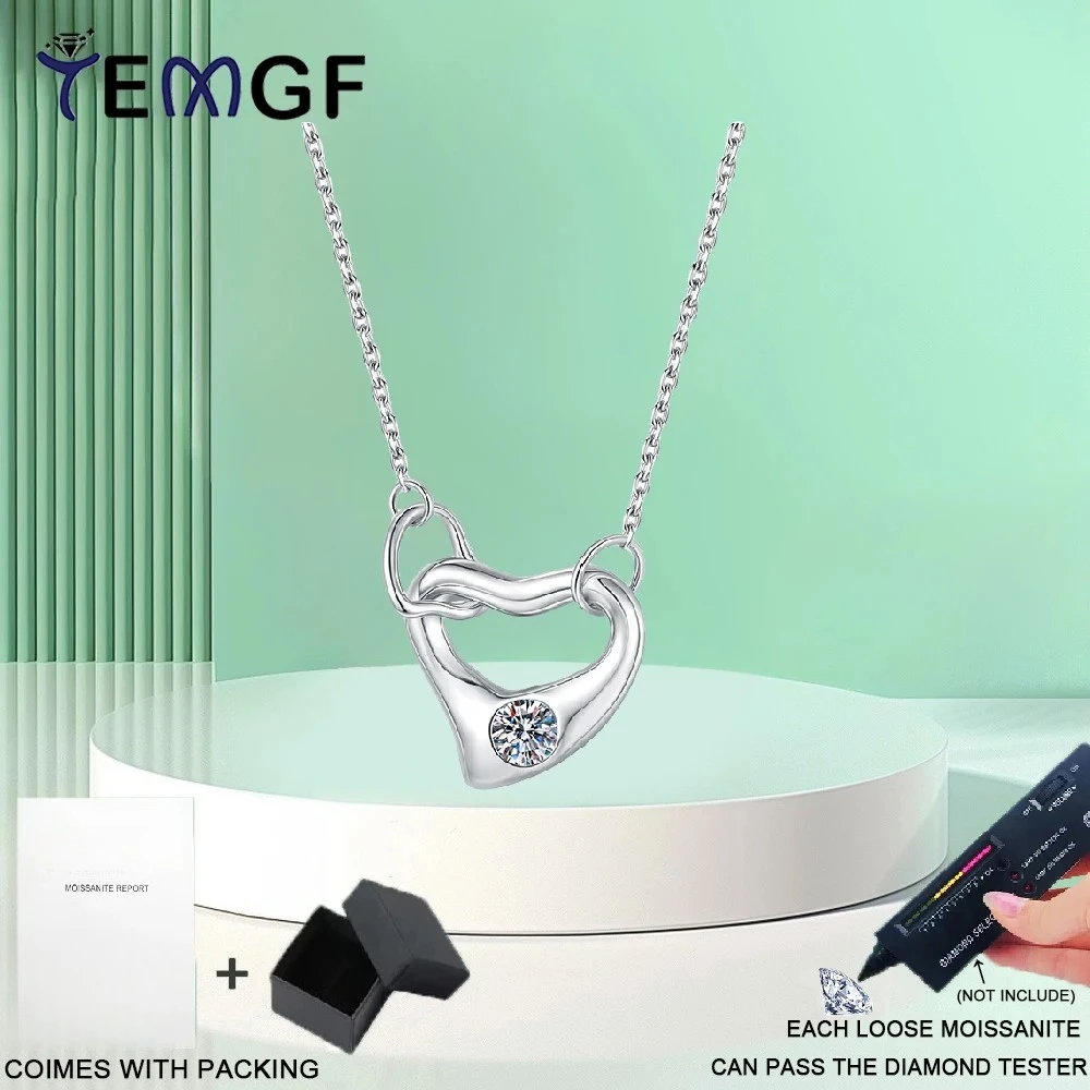 

TEMGF 925 Silver Necklace 4mm Moissanite Inlay Hollow Heart-shaped Pendant for Women Girls Simple Romantic Fine Jewelry With GRA