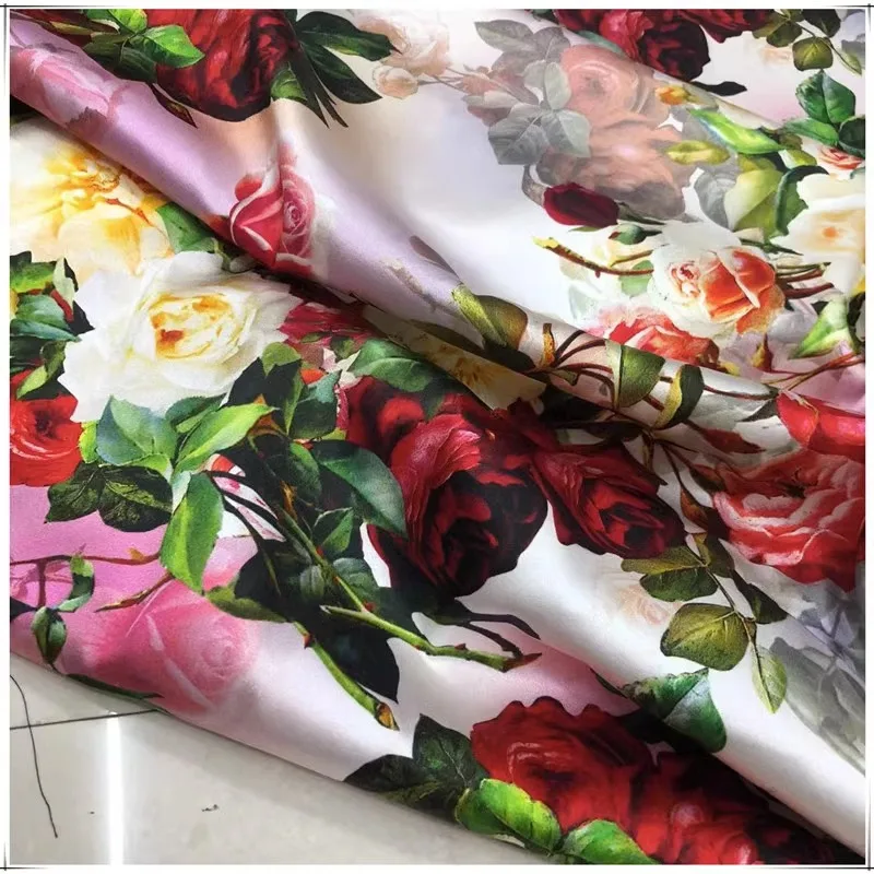 New Rose Spray Printing 19 Mm Elastic High Quality Shirt Dress Clothing Natural Silk Fabric for Sewing In Metro Free Shipping