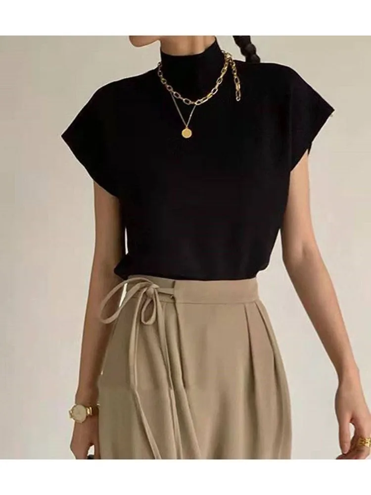 Women's Loose Knitted T Shirt Short Sleeve Solid Spring Summer High Collar Sweater Pullover Casual Knitwear Top