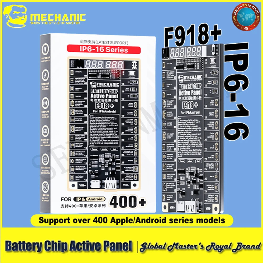 

MECHANIC F918+ Battery Tester for iPhone 16 and 400+ Android Phones LED Display with 18+9 Pogo Pins 5V 9V Stable Voltage Output