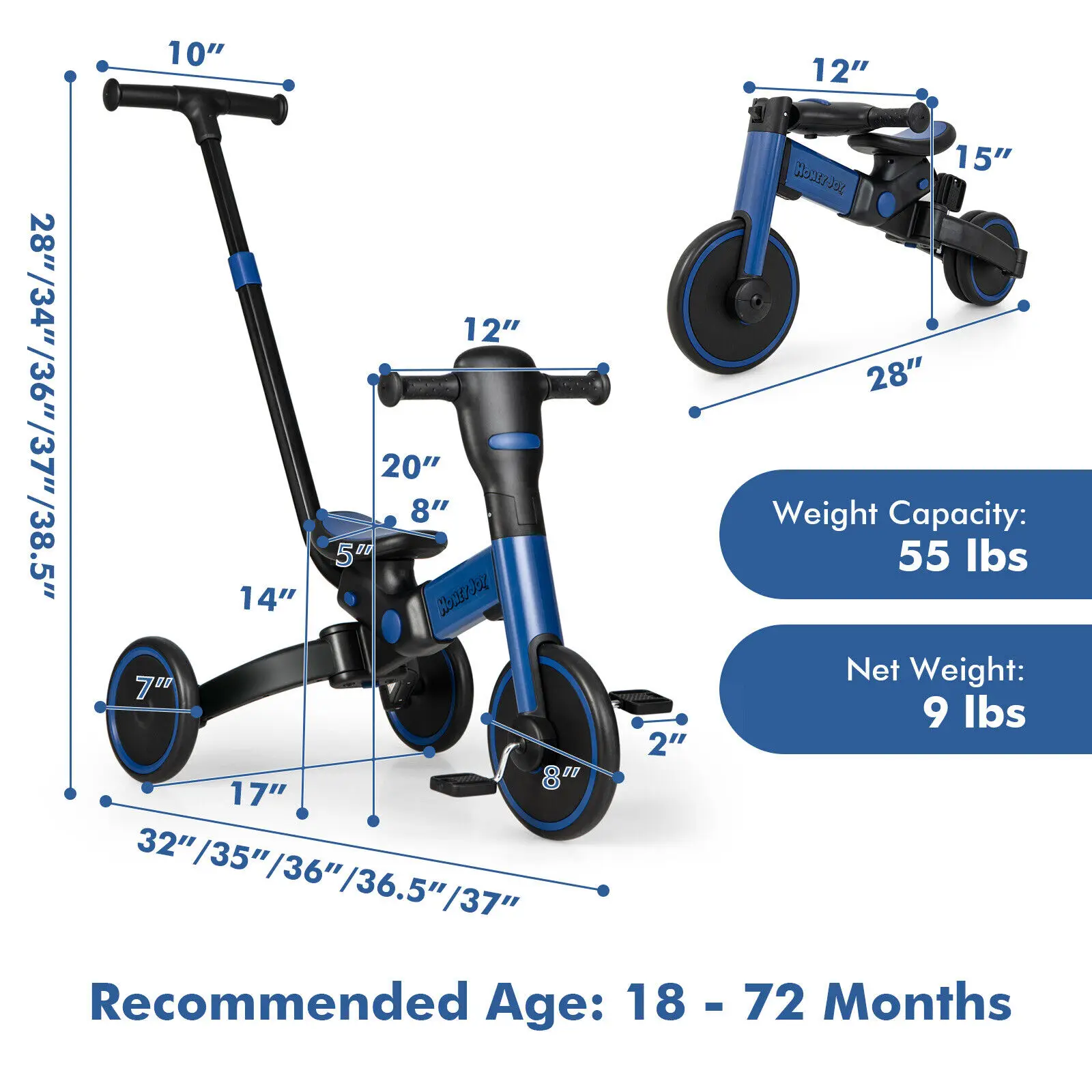 Babyjoy 4-in-1 Kids Tricycle Foldable Toddler Balance Bike with Parent Push Handle Blue