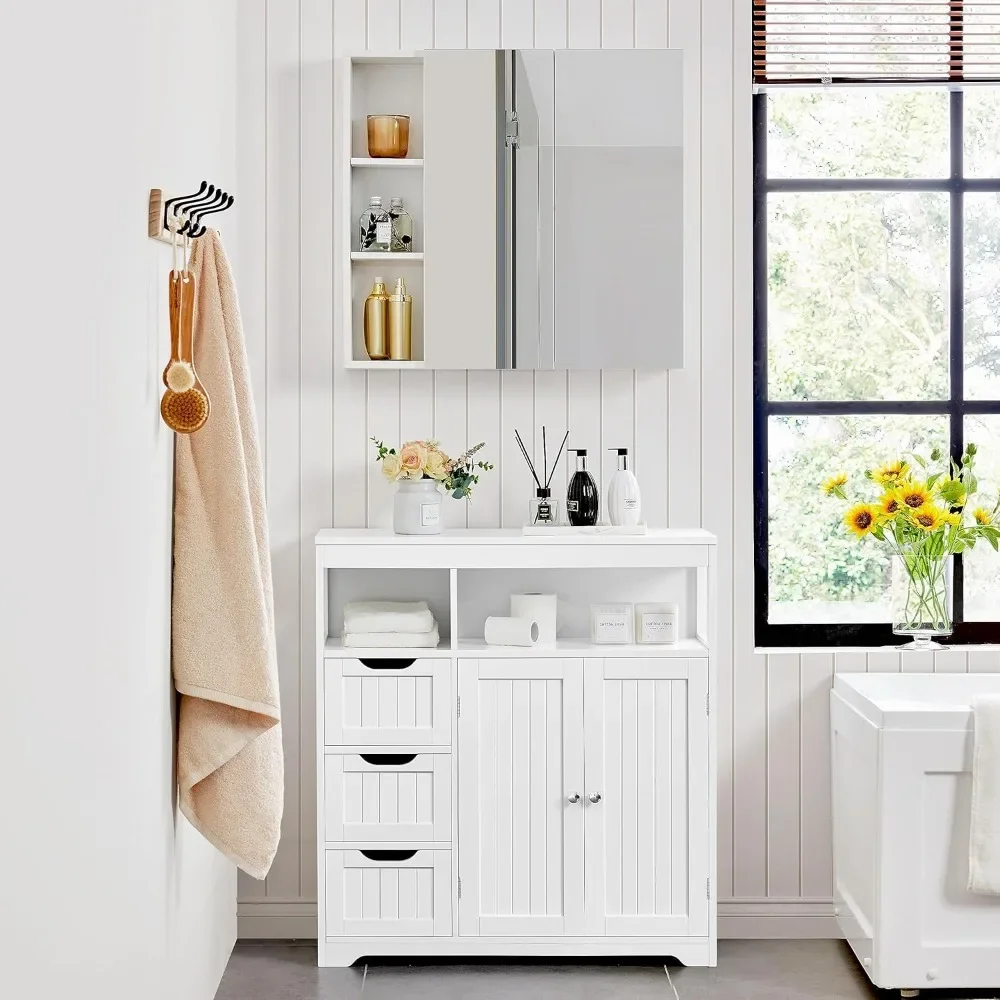 

Bathroom Storage Cabinet, Floor Cabinet with 3 Drawers and 2 Doors, Wooden Storage Organizer with 2 Open Compartments
