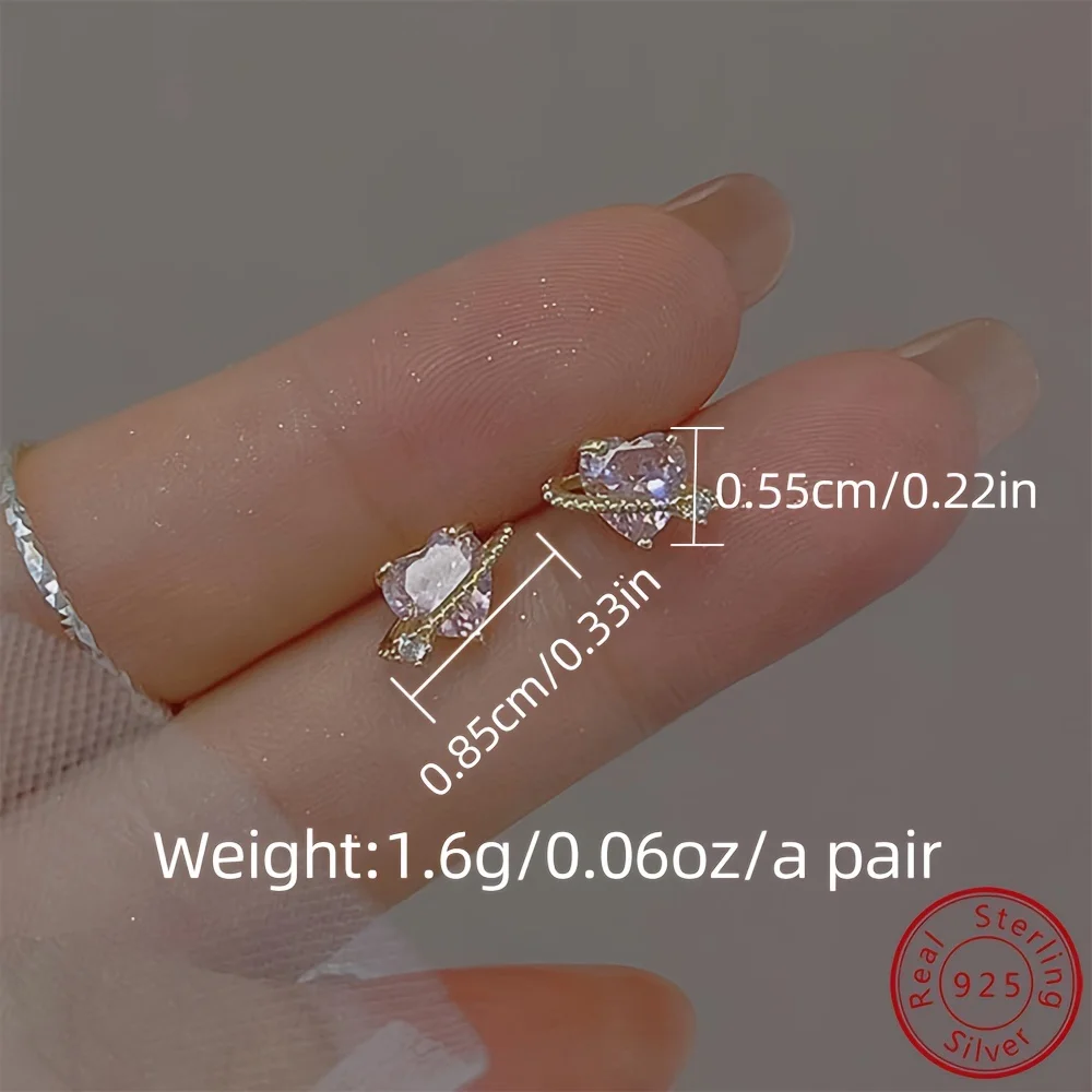 Mini Delicate 925 Sterling Silver Hypoallergenic Stud Earrings With Heart Planet Design Zircon Inlaid Pretty Valentine\'s Day