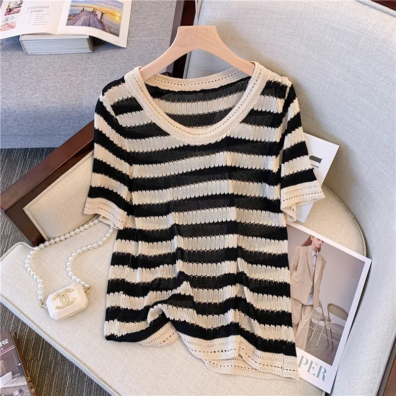 2023 Summer Women's Striped Sweater T-Shirt - O-Neck, Casual Short Sleeve, Knitted Pullover Jumper Sueter Mujer