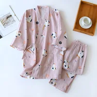 New Japanese-style kimono two-piece couple pajamas cover men and women pure cotton gauze cute kitten thin home service plus size - Image 2