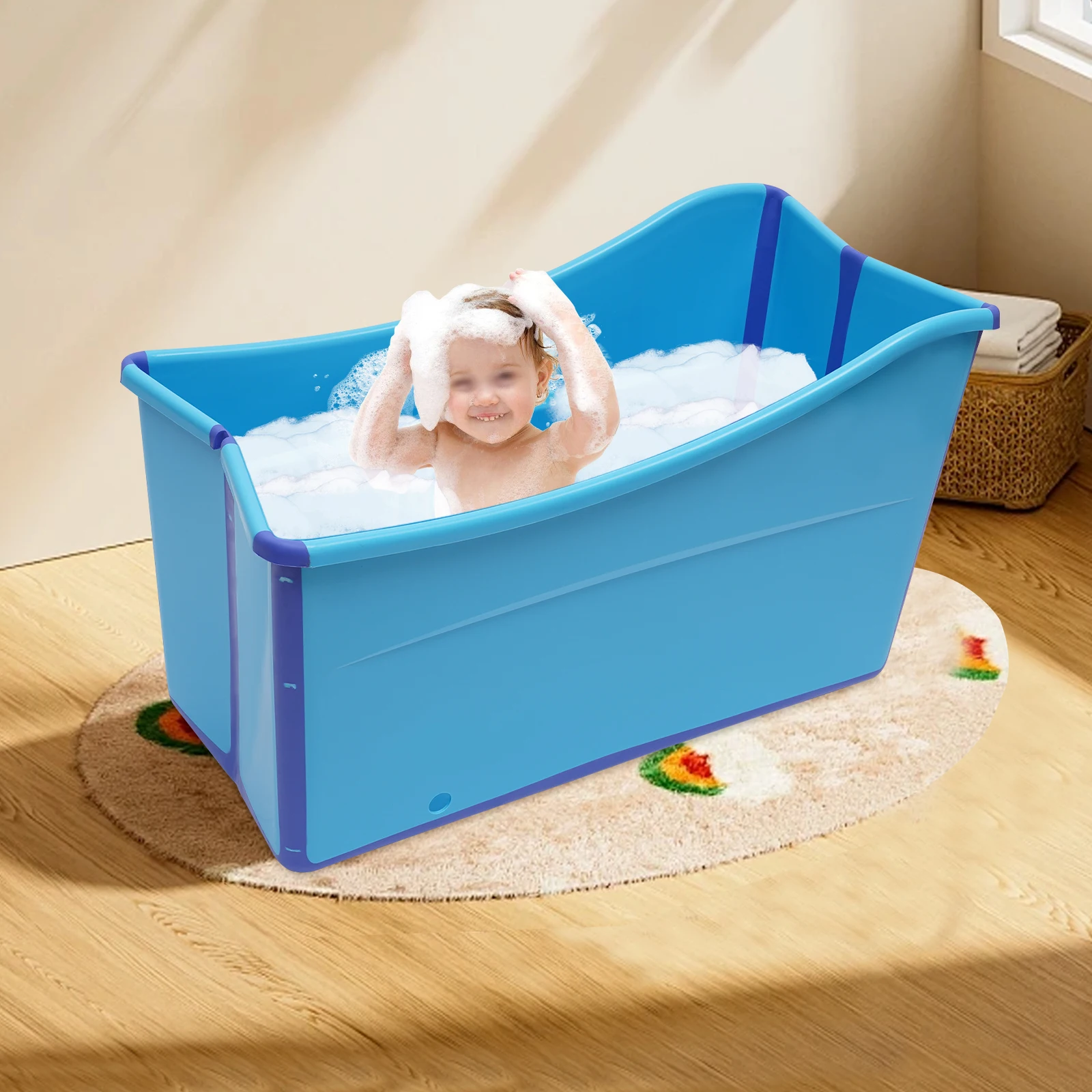 Folding Bathtub Blue Large Collapsible Bath Tub Portable Spa Bucket Adults Kids Soaking Barrel Tub with Drain Pipe 87*46*56.5cm