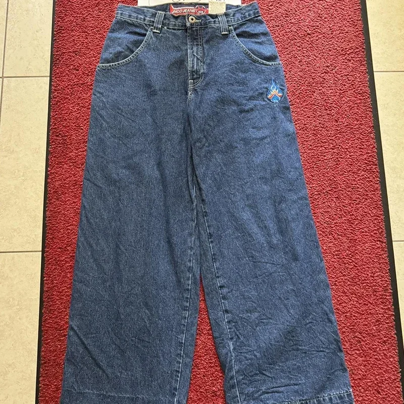 JNCO celana jins pinggang tinggi pria, celana Denim pinggang tinggi, celana Goth bordir klasik, celana Denim pinggang tinggi, celana jins Punk Hip Hop, untuk pria