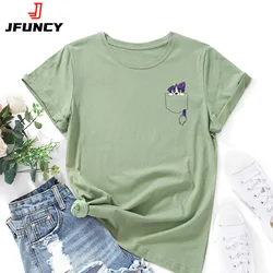 JFUNCY Cartoon Pocket Printed T-shirts Women's Short Sleeve Tee Shirts 2024 Fashion Woman Tops Summer Female Tshirt