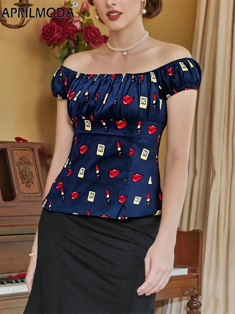 

Elegant Floral Cherry Print Blue Pinup Women’s Blouse Top Vintage 1950s 60s Slash Neck Short Sleeves Renaissance Peasant Blouses