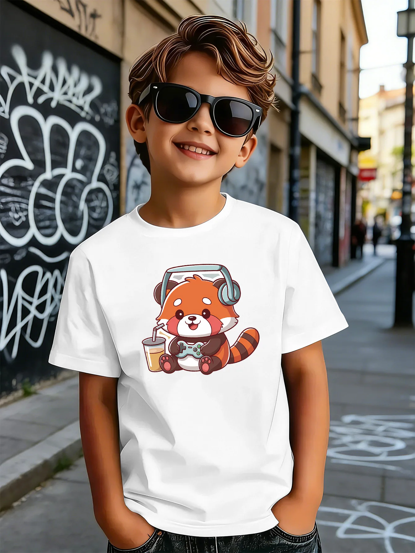 Gamer Red Panda Headset Cute Cartoon Print Boys Girls Family Matching Cotton Short Sleeve Crew Neck Soft Summer Kids Casual Tees