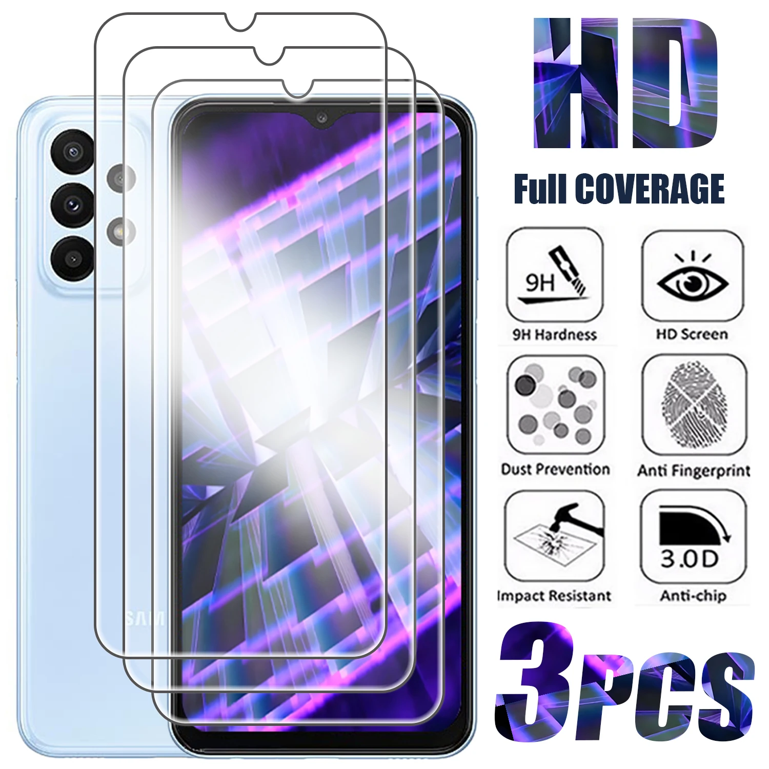3Pcs Tempered Glass for Samsung Galaxy A33 A23 A13 A03 CORE Screen Protectors for Samsung A53 A73 5G Glass