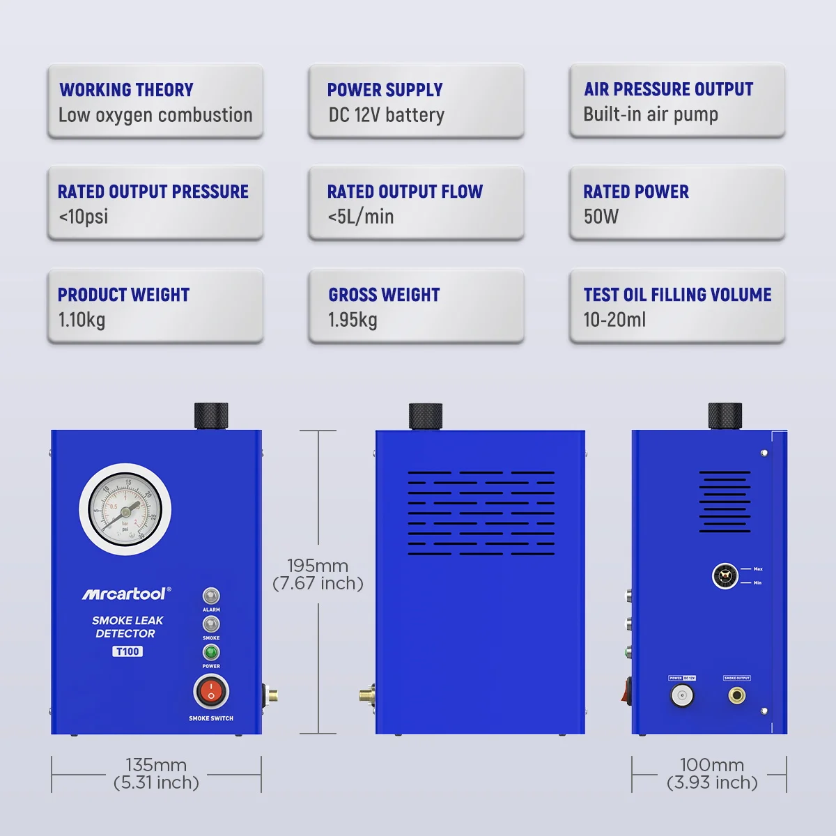 MR CARTOOL T100 محدد تسرب الأنابيب كاشف تسرب دخان السيارة مع أداة تشخيص المدمج في المضخة