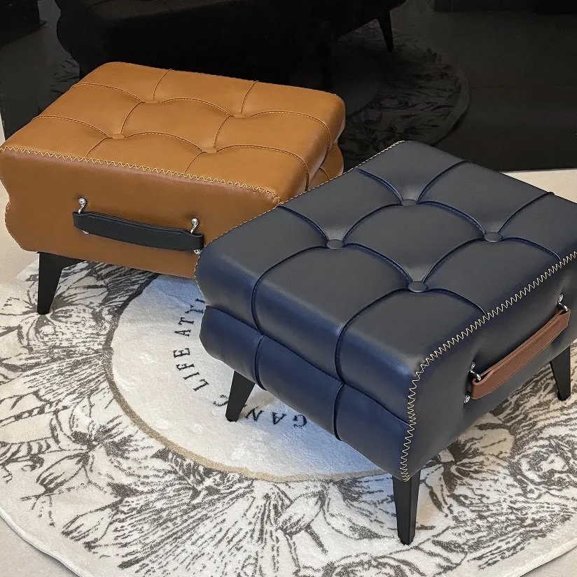 Light luxury high-end small metal frame leather stool suitable for living room coffee table sofa ottoman shoe stool