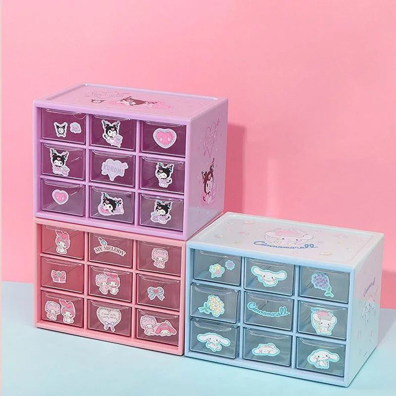 

Kawaii Sanrio Anime Nine Palace Grid Storage Box Cute my melody Kuromi Cinnamoroll cartoon Dust proof drawer type gift for girls