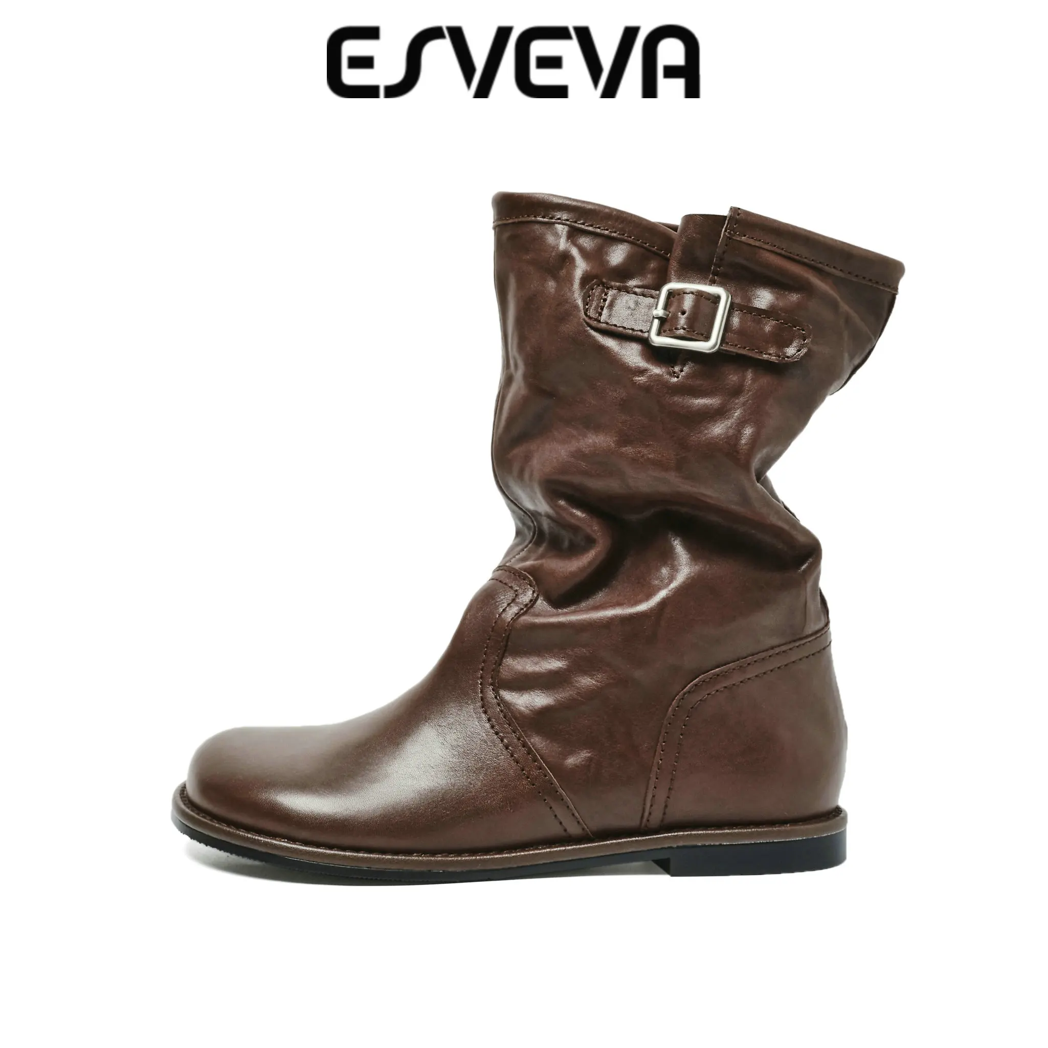 ESVEVA 2027 Fashion Cow Leather Women Ankle Boots Flats Heels Round Toe Shoes Winter Wrinkled Sexy Dress Short Boots 34-40