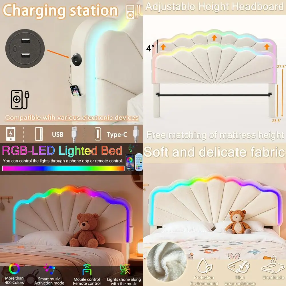 

White Teddy Velvet Upholstered Kids' Bed with 2 Drawers, Charging Station, LED Lights, Wood Slat Base, Easy Assembly