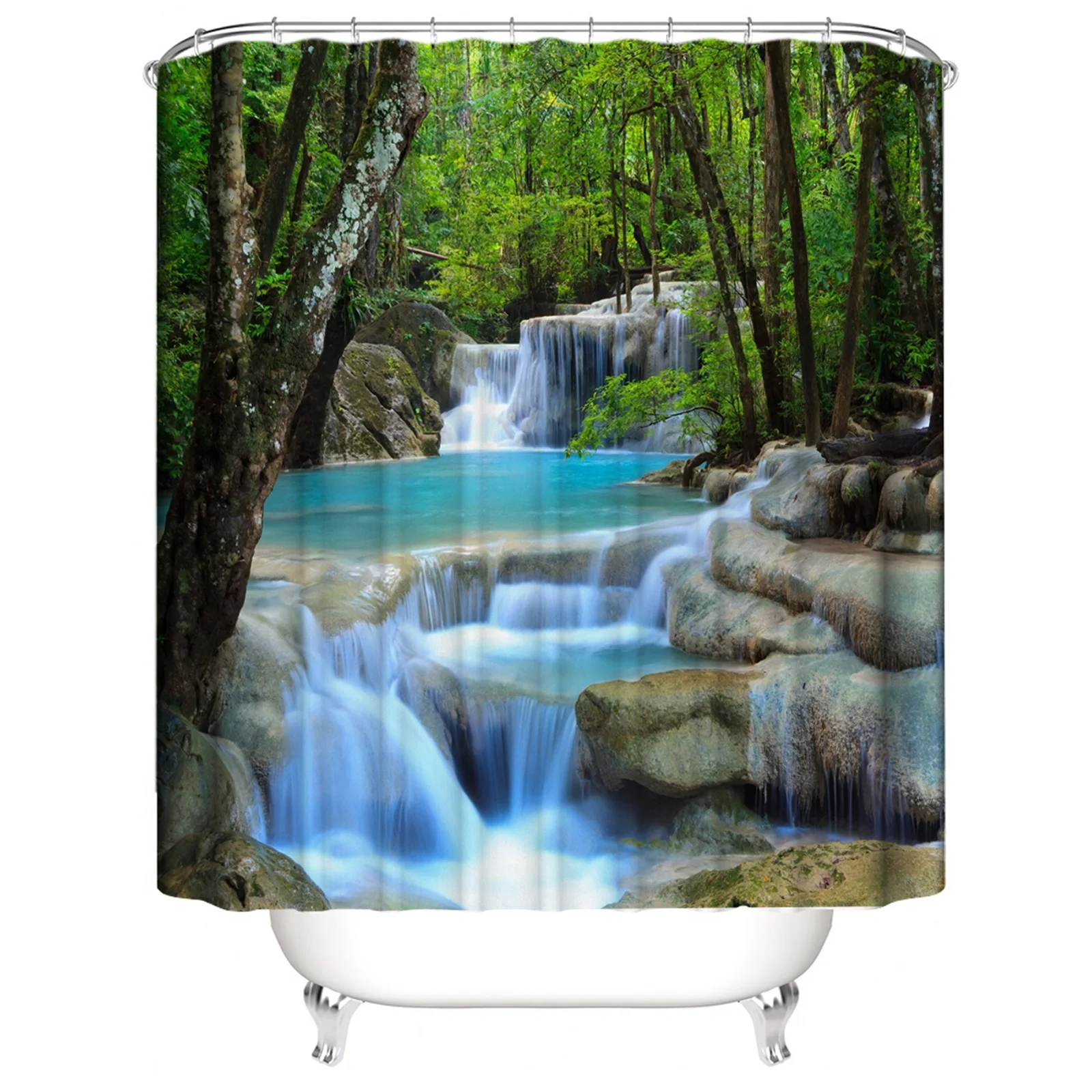 1 Pcs Mountain Creek Water Waterproof Bathroom Curtain, Summer Cool Forest Tree Water Bathroom Decoration, with 12 Plastic Hooks