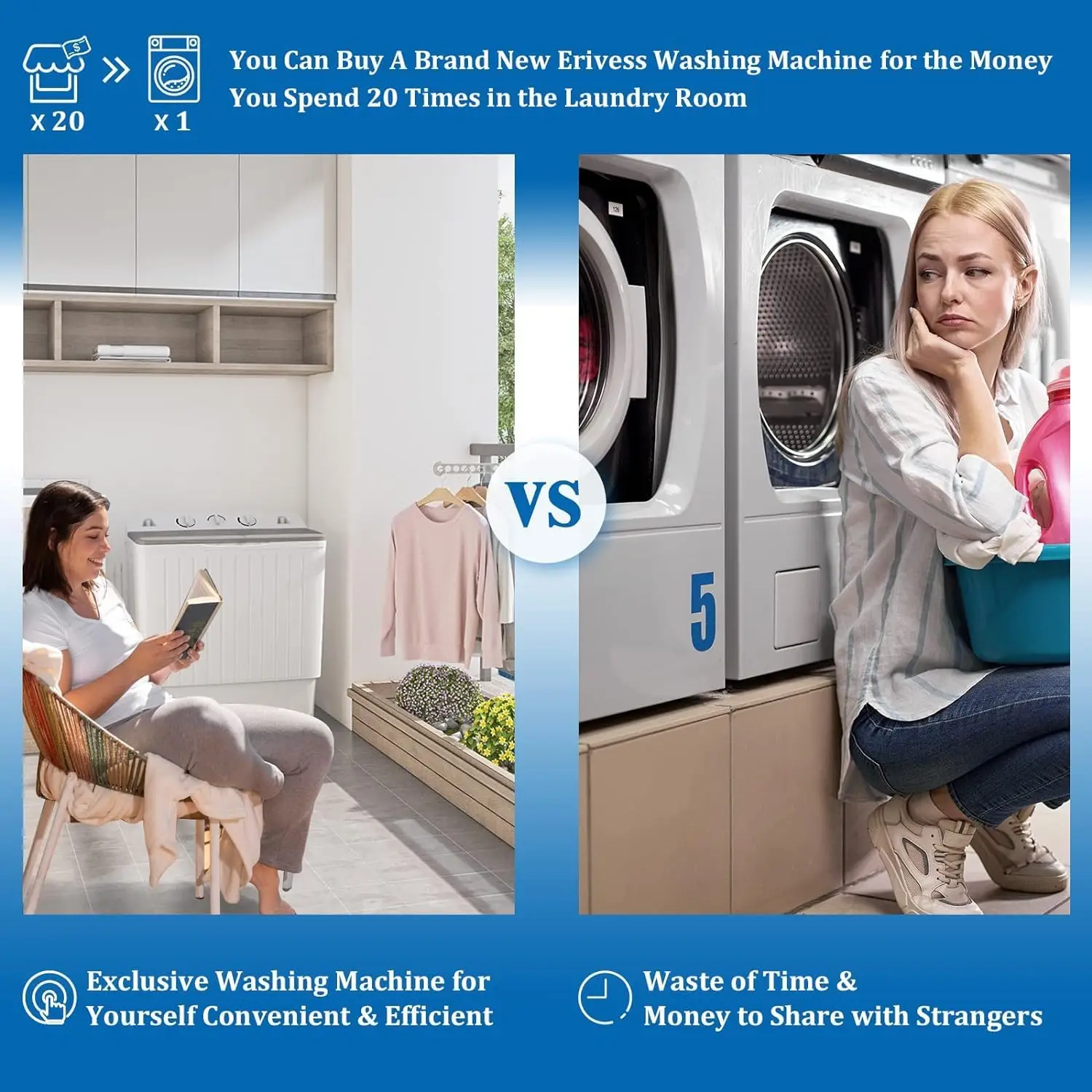 غسالة صغيرة بحوض مزدوج سعة 18 رطلًا مع رف تجفيف، وغسالة صغيرة الحجم بسعة 11 رطلًا ودوار 7 رطل، وتحويل