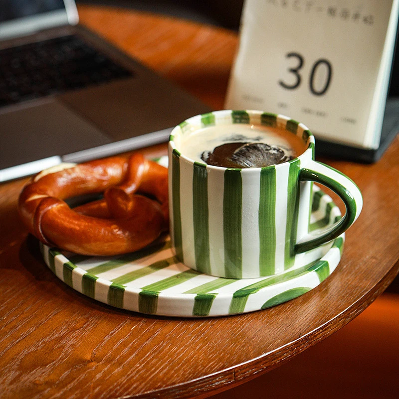 Nordic Style Ceramic Water Cup, Retro Hand Drawn Striped, Minimalist Couple Coffee Milk Mug, Home Breakfast Bread Cake Plate