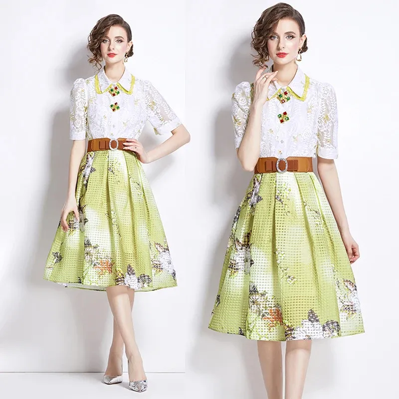 High Quality Women Summer 2 Piece Set Polo Neck Short Sleeve Shirt Tps+High Waist Long Flower Print Party Casual Skirt Sets