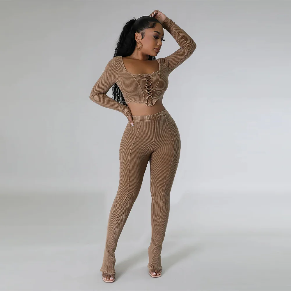 Sexy Autumn Bodycon Two Piece Outfits Business Sets For Women Square Neck Crop Top And High Waisted Pencil Pants Matching Sets