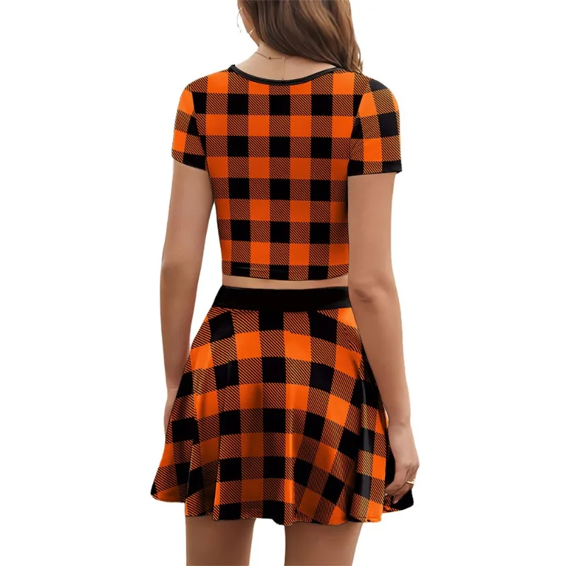 Womens Orange Black Buffalo Plaid Ghost Pattern Short Sleeve Crop Top Flared Skirt Set Halloween Party Costume