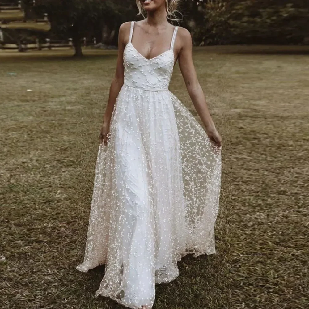 

Flavinke Beach Deep V Neck Spaghetti Straps White Wedding Dresses 2024 Lace Sleeveless A Line Bridal Gown Robe De Mariee