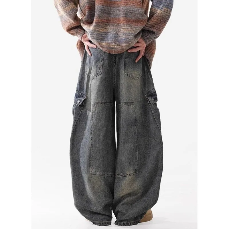 American Wasteland Trend Brand Multi-pocket Machete Jeans for Men Old-fashioned Washed Wide-leg Overalls