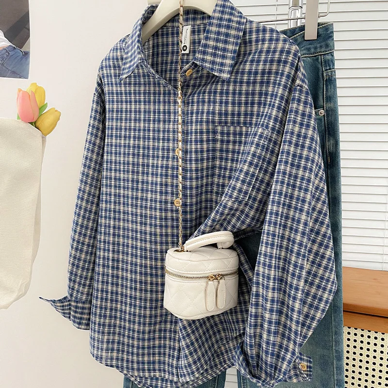 Korean-style Vintage Plaid Shirt New Spring And Autumn Casual Versatile Top Loose And Slimming Versatile College-style Shirt
