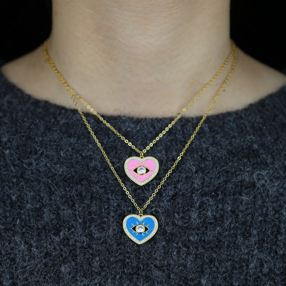 LOVE Heart Shape Carve White Evil Eye Cz Pendant Necklacez for Women Paved Pink Blue Enamel  Gold Plated Color Fashion Jewelry