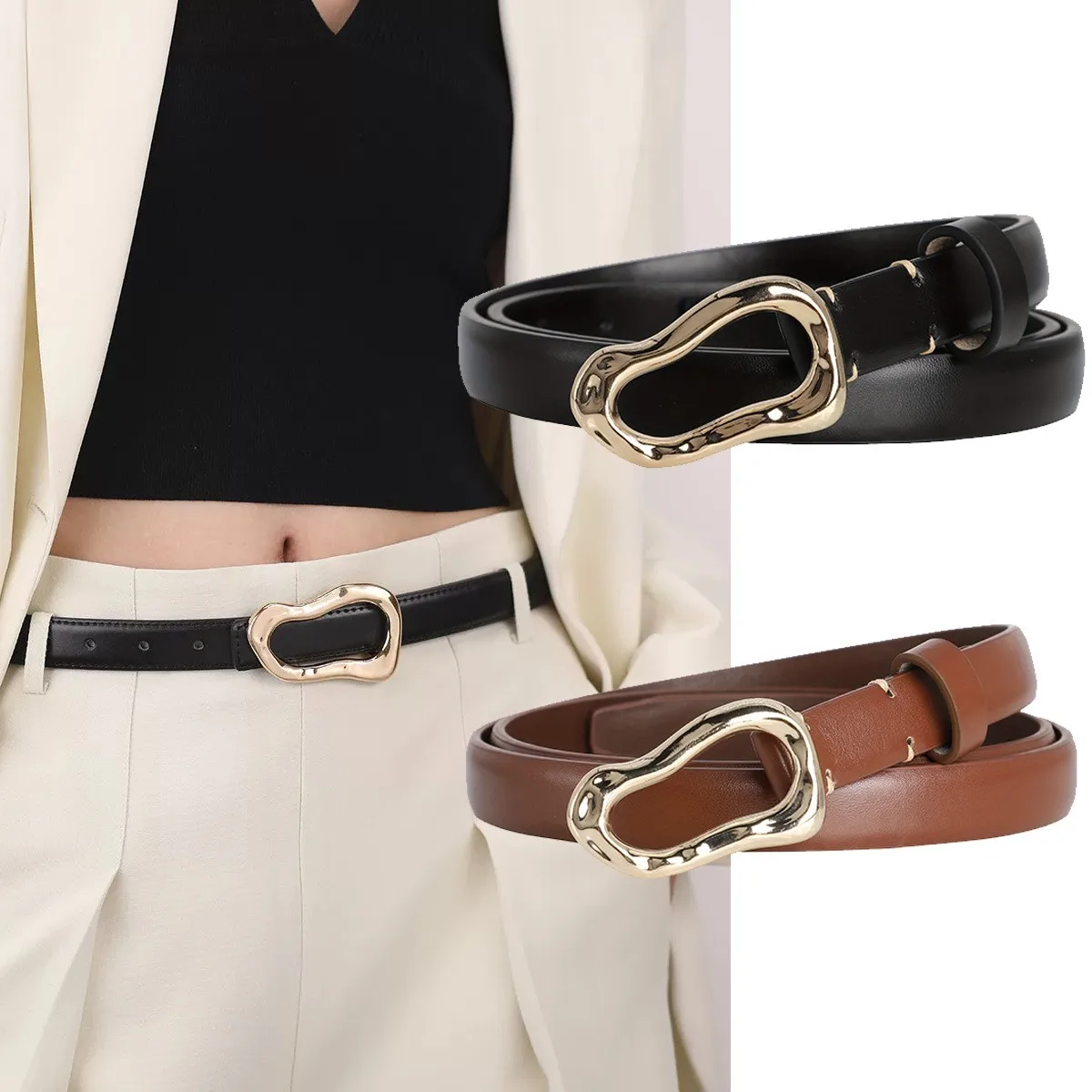 New women's fashionable and simple thin belt, casual and versatile high-end irregular buckle head slim waistband for women