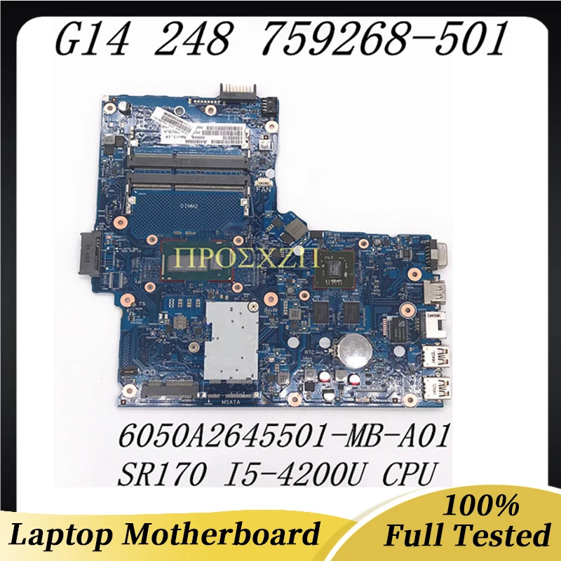 

759268-001 759268-501 759268-601 For HP G14 248 Motherboard 6050A2645501-MB-A01 With SR170 I5-4200U CPU 100% Full Tested