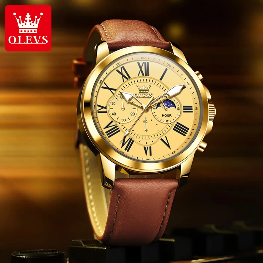 OLEVS High end Elegant Men's Watch Luxury Waterproof Leather Strap Moon phase Quartz Wristwatch Original fashion watch for Men