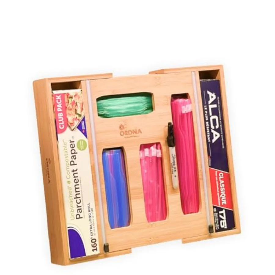 

6 IN 1 Bamboo Baggie Organizer for Drawer with Labels Expandable Storage Bag Organizer with Aluminum Foil and Saran Wrap Cutter