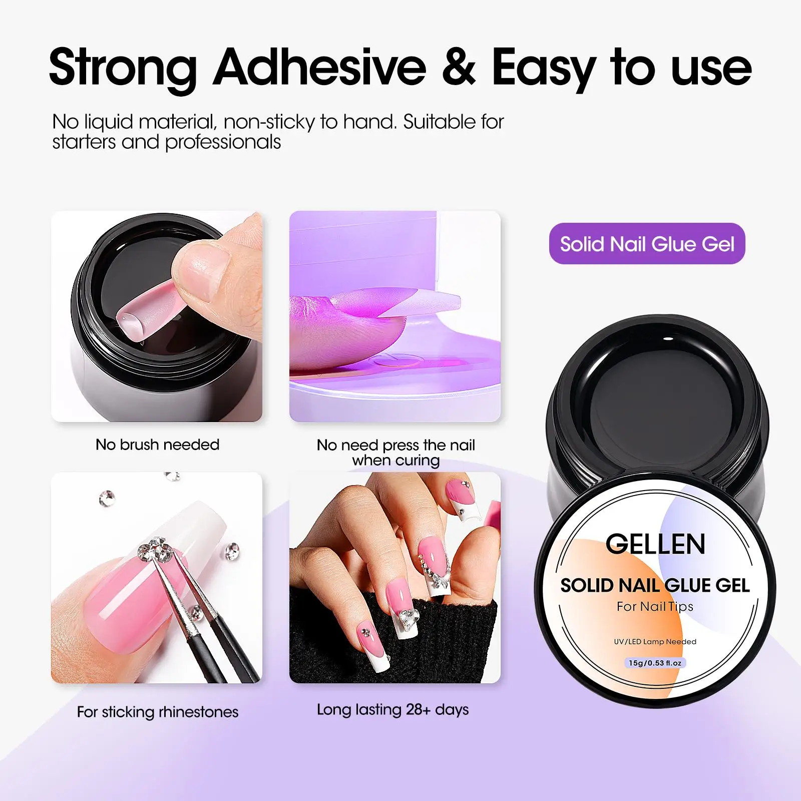 GELLEN French Tips Gel Nail Kit Short Square Press on Nails with UV Lamp Base Top Coat Glue Pink Artificial Nail Art Design