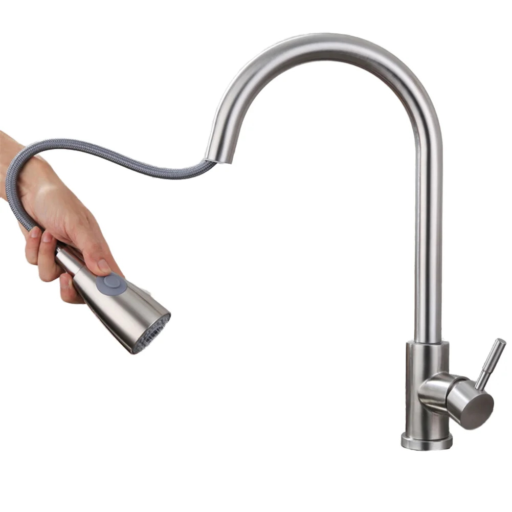 

Modern 304 Stainless Steel Single-Hole Pull-Out Kitchen Faucet Corrosion-Resistant Ceramic Valve Core for Hotel Sink