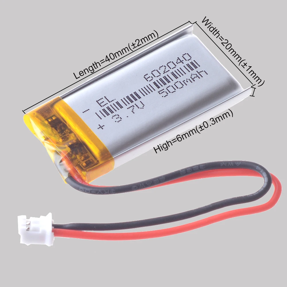JST2.0mm 2Pin 3.7V 600mAh 602040 Lithium Li-ion Polymer Battery 302040 402040 502040 702040 802040 902040 102040