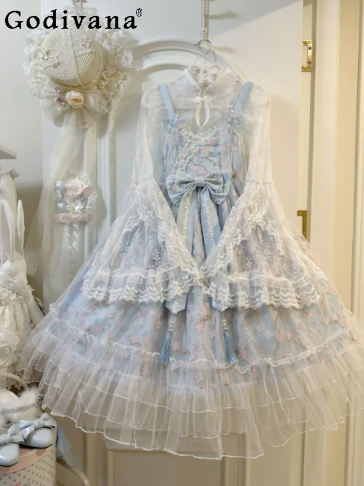 Lolita Chinese Elegant V-neck Sweet Big Bow Suspender Jsk Dress Spring Autumn High Waist A-line Age Reduction Fairy Dresses