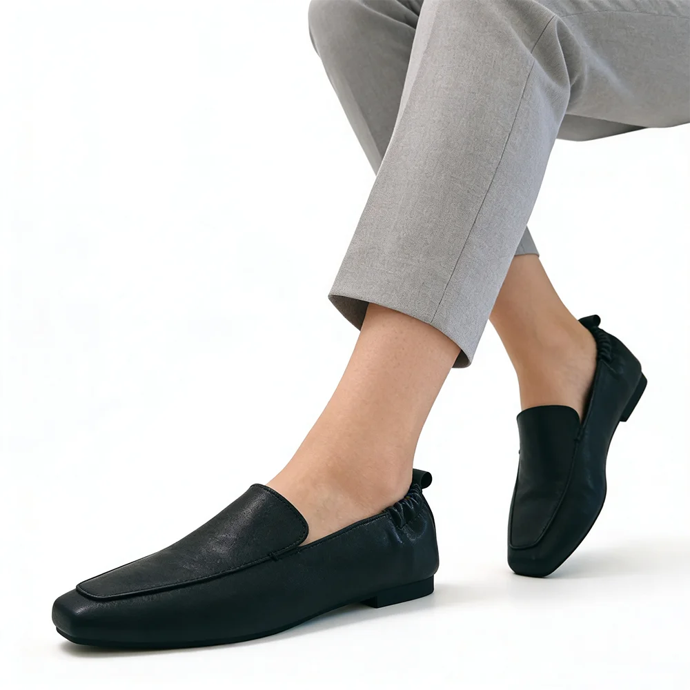 Soft Genuine Leather Women Loafers Slip On Flats Cowhide Comfortable Office Work Shoes Business Style Casual Shoes Black D944