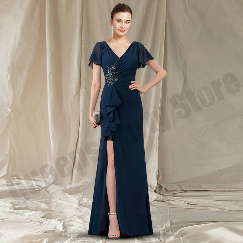 

Woman Mother of The Bride Dresses Batwing Sleeves V Neck Beadding Stones Chiffon Floor Length Wedding Guest Gown Evening