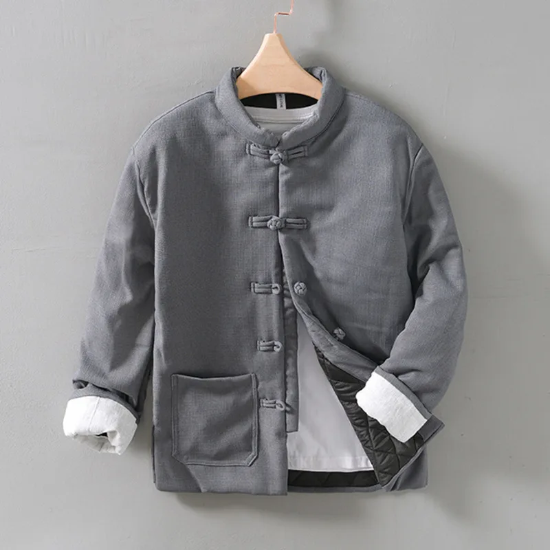 Winter Chinese Style Buckle Linen Cotton Padded Outwear Coat Man Clothes Harajuku Stand Collar Buckle Warm Wadded Jacket For Men