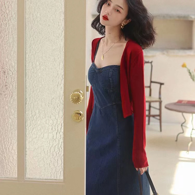 

Woman Two Pieces Elegant Set Oversize Sweater Cardigans and Denim Dresses Female Knitted Knitwear Outwear Suits G264