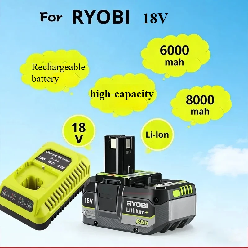 

RYOBI 18V 8Ah One+ Lithium Ion Battery, Electric Tool P104 P107 RB18L50 RB18L20 P108 P109 High-capacity Rechargeable Battery.