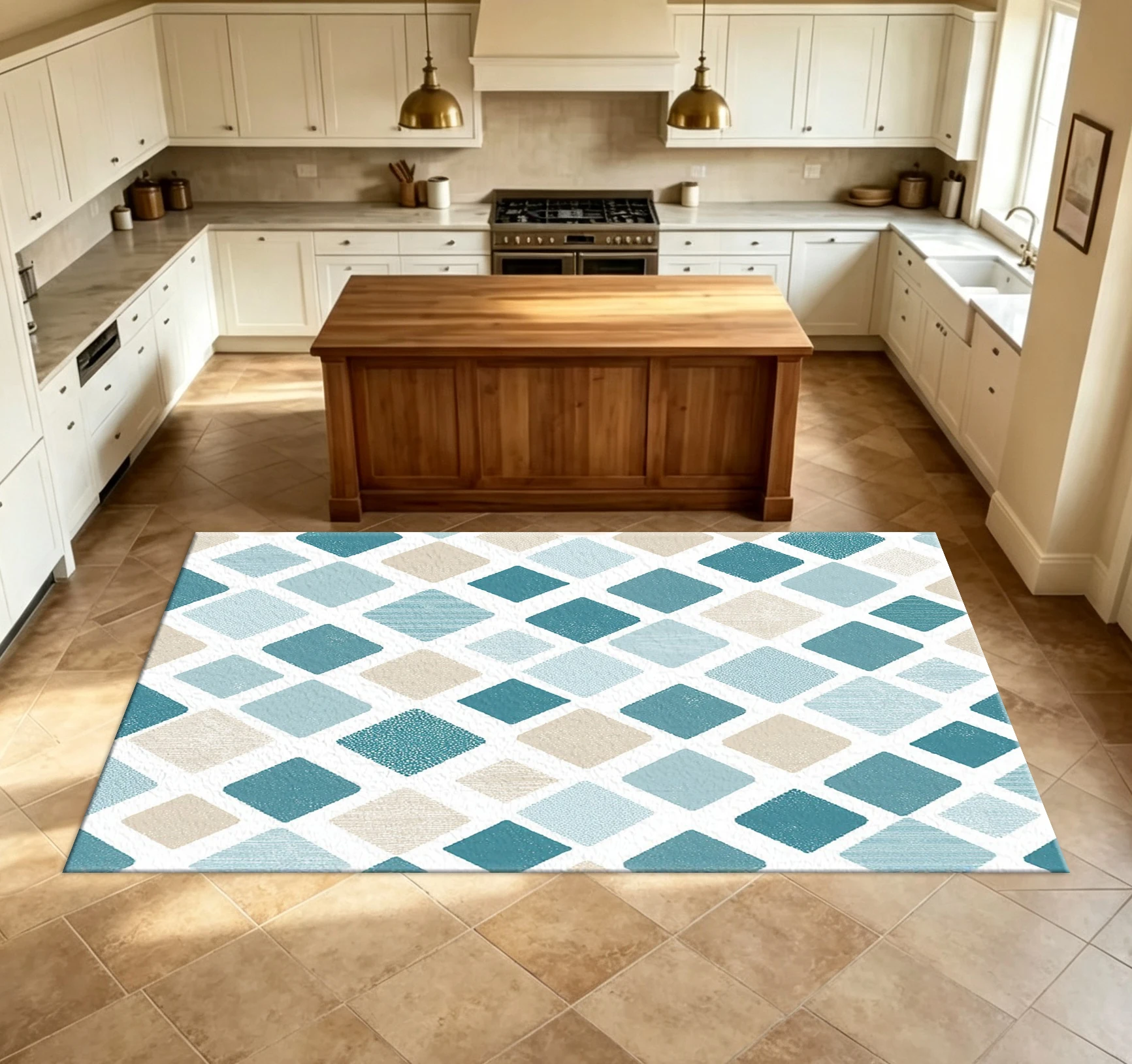 Teal Beige Diamond-Shaped Geometric Carpet Floor Tile, Simple Textured Square Diamond Pattern Carpet, Suitable for Indoor Home Decoration